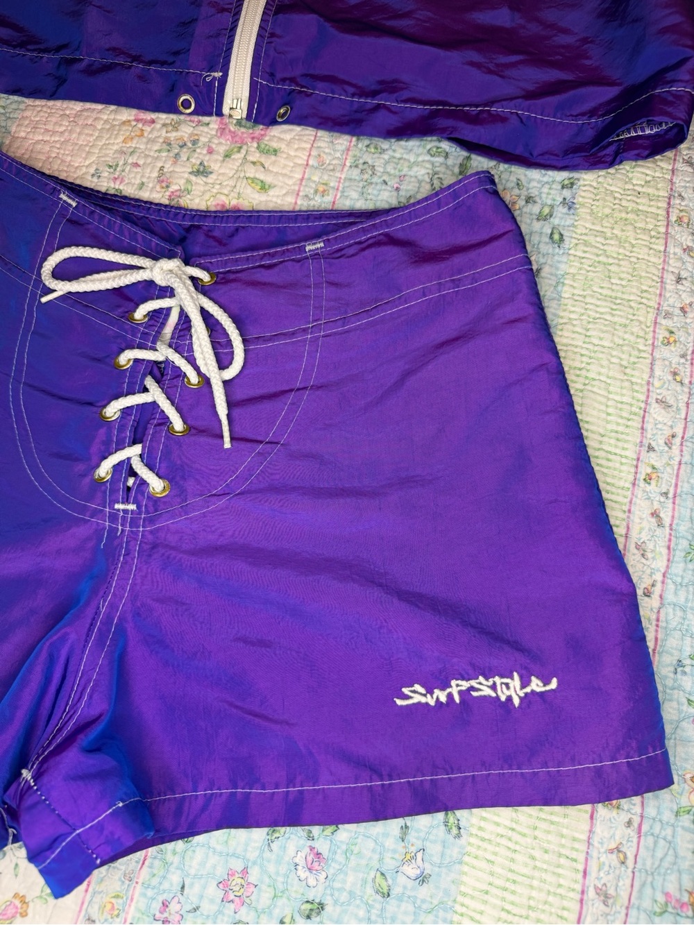 VTG 90s Y2K Surf Style Purple Iridescent Windbreaker Jacket & Board Shorts SM - Picture 3 of 15